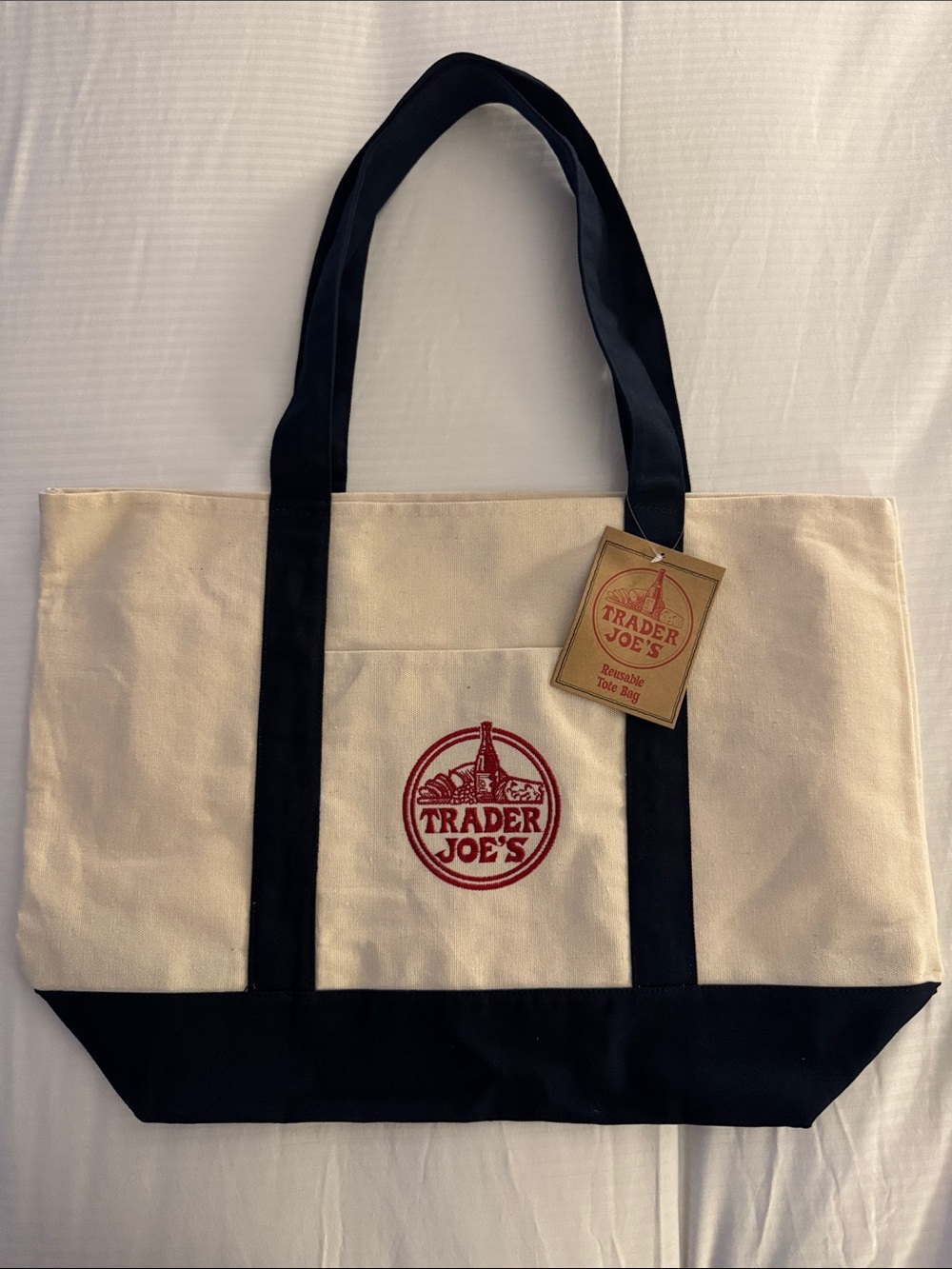 Trader Joe's Canvas Tote Bag in Cream and Navy